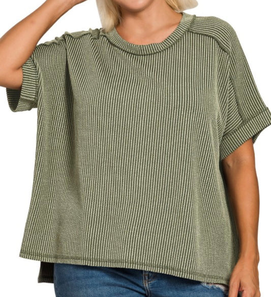 Green Ribbed Plus Top by Zenana